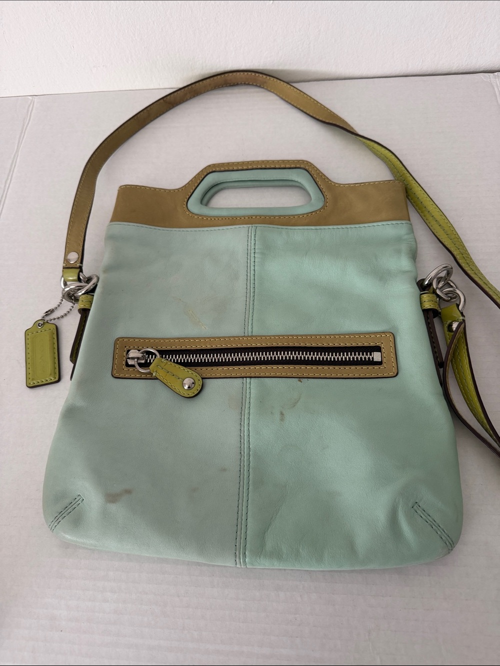 Coach Bonnie Foldover Crossbody Green Patent and Aqua Blue Leather